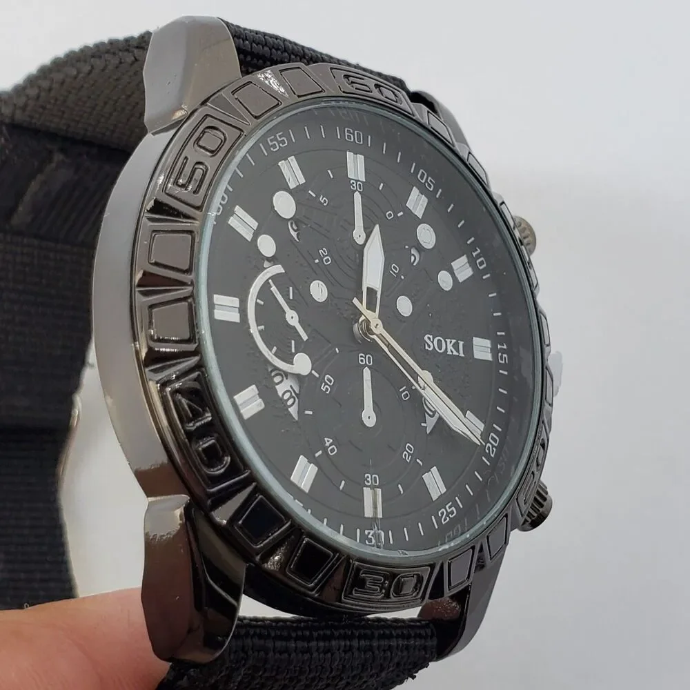 Men's Watch 42MM Black Case‎ Black Dial Date Indicator Black Canvas Band Straps